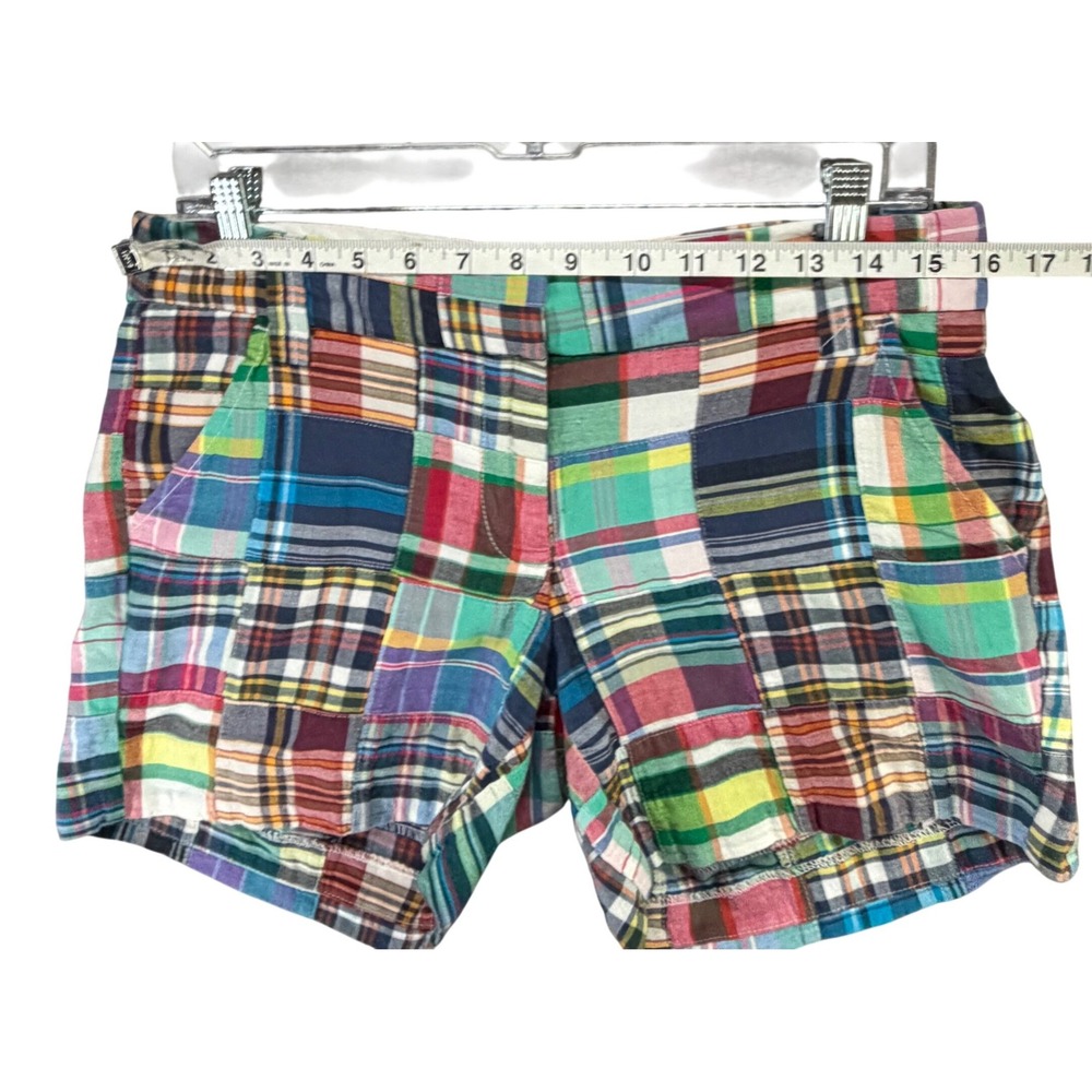 J Crew City Fit Patchwork Madras Shorts Womens 2 Blue Green Plaid Casual Chic - Picture 5 of 12